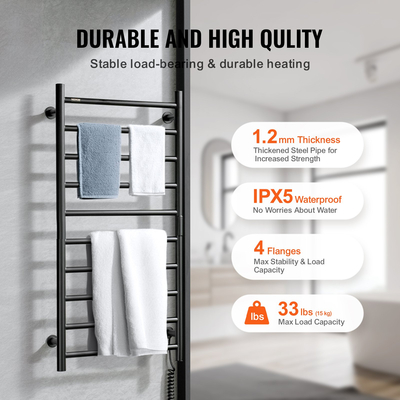 VEVOR Θερμαινόμενη κρεμάστρα πετσετών 10 ράβδων Επιτοίχια Θερμαινόμενη κρεμάστρα πετσετών για μπάνιο σε μαύρο χρώμα