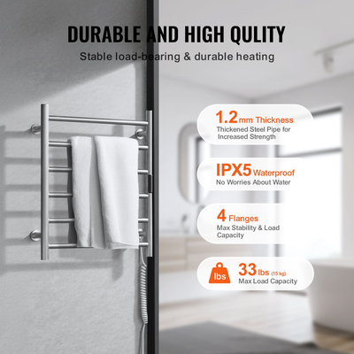 Θερμαινόμενη κρεμάστρα πετσετών VEVOR 6 ράβδων Επιτοίχια Θερμαινόμενη κρεμάστρα για πετσέτες μπάνιου Ασημί