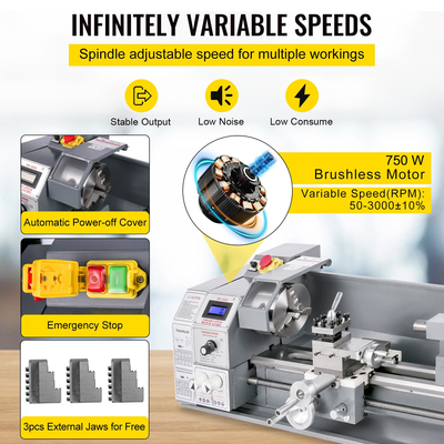 VEVOR Mini Metal Lathe 750W Μεταβλητής ταχύτητας Μεταλλικός Τόρνος 50 έως 3000Rpm Τόρνος Ακριβείας Φρέζας 220 x 600mm για Μεταλλικός Τόρνος Μεταλλικός Τόρνος για Τρυπάνι Περιστροφής Αντιπροσώπου