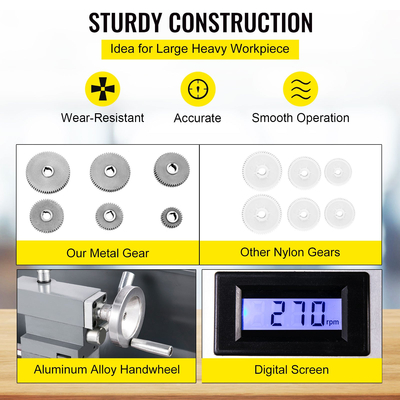VEVOR 1100W Mini Metal Lathe 220MMx750MM Μεταλλικός Τόρνος Μεταβλητής Ταχύτητας RPM Μηχάνημα φρεζαρίσματος μετάλλων Ψηφιακός μεταλλικός τόρνος φρεζαρίσματος με τσοκ 3 σιαγόνων, κωνικός άξονας MT5, κωνικό MT2 Tailstock