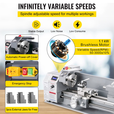 VEVOR 1100W Mini Metal Lathe 220MMx750MM Μεταλλικός Τόρνος Μεταβλητής Ταχύτητας RPM Μηχάνημα φρεζαρίσματος μετάλλων Ψηφιακός μεταλλικός τόρνος φρεζαρίσματος με τσοκ 3 σιαγόνων, κωνικός άξονας MT5, κωνικό MT2 Tailstock