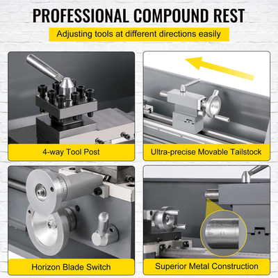 VEVOR 1100W Mini Metal Lathe 220MMx750MM Μεταλλικός Τόρνος Μεταβλητής Ταχύτητας RPM Μηχάνημα φρεζαρίσματος μετάλλων Ψηφιακός μεταλλικός τόρνος φρεζαρίσματος με τσοκ 3 σιαγόνων, κωνικός άξονας MT5, κωνικό MT2 Tailstock