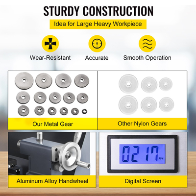 Μίνι μεταλλικός τόρνος VEVOR Ενημερωμένος 750W Μεταλλικός Τόρνος 8x16 ιντσών με πολυτελές κουτί αξεσουάρ, 50-2500PRM Απεριόριστες Μεταβλητές Ταχύτητες MT3 Μεταλλικός Τόρνος κωνικός άξονας με κινητή λάμπα τσοκ 4 σιαγόνων 9 κόφτες