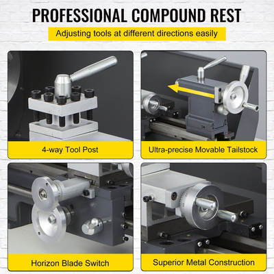 Μίνι μεταλλικός τόρνος VEVOR Ενημερωμένος 750W Μεταλλικός Τόρνος 8x16 ιντσών με πολυτελές κουτί αξεσουάρ, 50-2500PRM Απεριόριστες Μεταβλητές Ταχύτητες MT3 Μεταλλικός Τόρνος κωνικός άξονας με κινητή λάμπα τσοκ 4 σιαγόνων 9 κόφτες