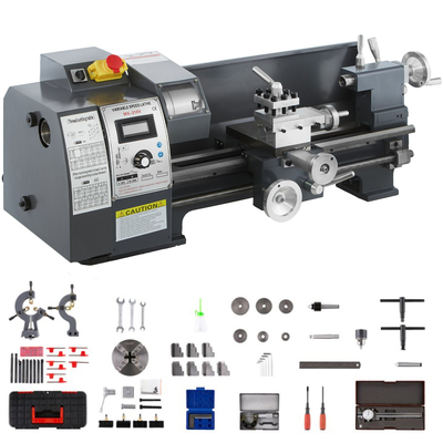 Μίνι μεταλλικός τόρνος VEVOR Ενημερωμένος 750W Μεταλλικός Τόρνος 8x16 ιντσών με πολυτελές κουτί αξεσουάρ, 50-2500PRM Απεριόριστες Μεταβλητές Ταχύτητες MT3 Μεταλλικός Τόρνος κωνικός άξονας με κινητή λάμπα τσοκ 4 σιαγόνων 9 κόφτες