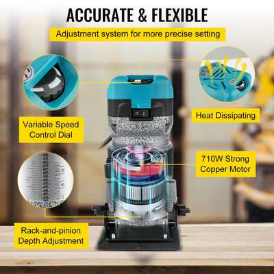 Εργαλείο δρομολογητή VEVOR, δρομολογητής ξύλου 710W, δρομολογητής για επεξεργασία ξύλου με τρεις κολώνες δρομολογητή, εργαλείο δρομολογητή ξύλου με βάση κλίσης και βύθισης, δρομολογητής ξυλουργικής με κέλυφος αλουμινίου και ταχύτητα περιστροφής 13000 - 33000 r/min