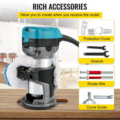 Εργαλείο δρομολογητή VEVOR, δρομολογητής ξύλου 710W, δρομολογητής για επεξεργασία ξύλου με τρεις κολώνες δρομολογητή, εργαλείο δρομολογητή ξύλου με βάση κλίσης και βύθισης, δρομολογητής ξυλουργικής με κέλυφος αλουμινίου και ταχύτητα περιστροφής 13000 - 33000 r/min