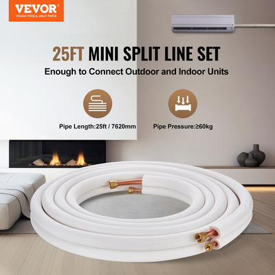 Set Mini Split Line VEVOR 7620mm, σωλήνες χαλκού σωλήνων OD 6,4 &amp; 12,7mm και μόνωση τριπλής στρώσης, για εξοπλισμό ψυκτικού ή αντλίας θέρμανσης Mini Split Air Condition &amp; HVAC με ταινίες περιτύλιξης.