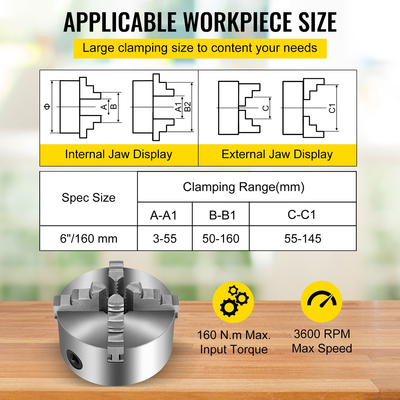 VEVOR K12-160 6 ιντσών 4 σιαγόνων αναστρέψιμο τσοκ τόρνου 160mm 3600r/min Ξυλοτορνεύοντας σιαγόνες δύο τεμαχίων Τόρνο τσοκ Μηχανή φρέζας από χυτοσίδηρο Τσοκ τόρνου