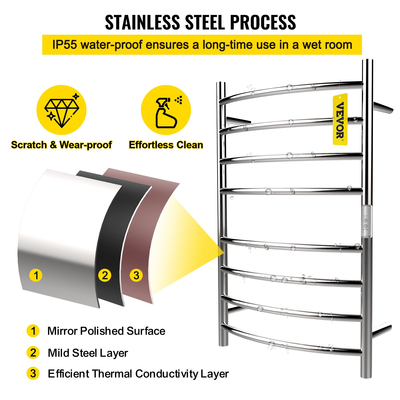 Θερμαινόμενη κρεμάστρα πετσετών VEVOR, Καμπύλη σχεδίαση 8 ράβδων, Ηλεκτρικός θερμαντήρας πετσετών από ανοξείδωτο ατσάλι γυαλισμένος καθρέφτης με ενσωματωμένο χρονοδιακόπτη, επιτοίχιος για μπάνιο, πρίζα/καλωδίωση, πιστοποίηση CE, ασημί