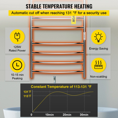 Θερμαινόμενη κρεμάστρα πετσετών VEVOR, Καμπύλη σχεδίαση 8 ράβδων, Ηλεκτρικός θερμαντήρας πετσετών από ανοξείδωτο ατσάλι γυαλισμένος καθρέφτης με ενσωματωμένο χρονοδιακόπτη, επιτοίχιος για μπάνιο, πρίζα/καλωδίωση, πιστοποίηση CE, ασημί
