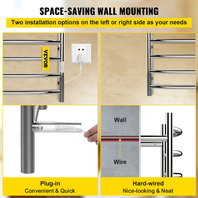 Θερμαινόμενη κρεμάστρα πετσετών VEVOR, Καμπύλη σχεδίαση 8 ράβδων, Ηλεκτρικός θερμαντήρας πετσετών από ανοξείδωτο ατσάλι γυαλισμένος καθρέφτης με ενσωματωμένο χρονοδιακόπτη, επιτοίχιος για μπάνιο, πρίζα/καλωδίωση, πιστοποίηση CE, ασημί