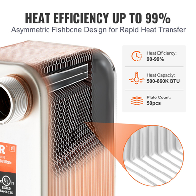 VEVOR 50 Plate Heat Exchanger 4*1-1/4&quot; MNPT Ports 5&quot;x 12&quot; Brazed 316L St. Steel