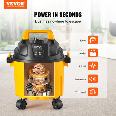 VEVOR Wet/Dry Shop Vacuum Vac 10L 2 Peak HP με πλούσια προσαρτήματα ακροφυσίων Κίτρινο