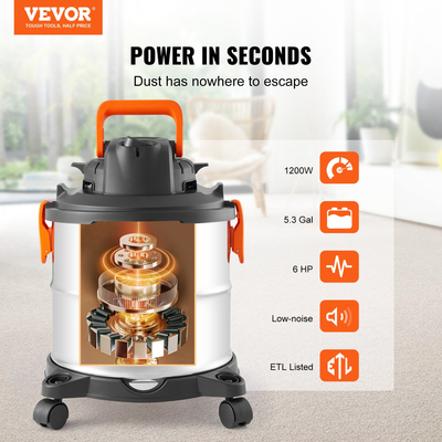 VEVOR Wet/Dry Shop Vacuum Vac 20L 6 Peak HP με ακροφύσιο από ανοξείδωτο ασήμι