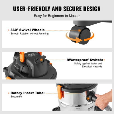 VEVOR Wet/Dry Shop Vacuum Vac 20L 6 Peak HP με ακροφύσιο από ανοξείδωτο ασήμι