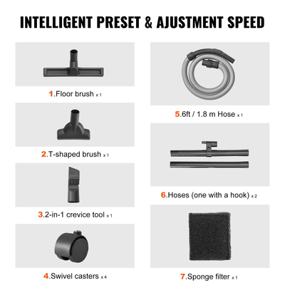 VEVOR Wet/Dry Shop Vacuum Vac 20L 6 Peak HP με ακροφύσιο από ανοξείδωτο ασήμι