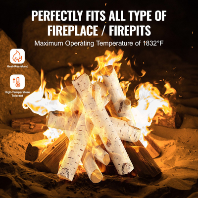 VEVOR 6 τεμ. Μεγάλα με κορμούς σημύδας, τζάκι αερίου Κεραμικά κούτσουρα για τζάκι, ανθεκτικά στη θερμότητα κορμούς αερίου ρεαλιστικοί κορμοί, κλαδιά ξύλου που στοιβάζονται για τζάκι αερίου, τζάκι για εσωτερικούς ή εξωτερικούς χώρους