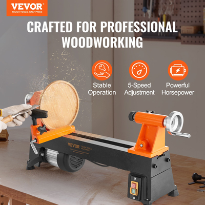 VEVOR Πάγκος Ξύλο Τόρνος, 10 in x 18 in, 0,5 HP 370W Power Wood Turning Machine, 5 Variable Speeds 680/1100/1600/2200/3200 RPM with Rod Injection Wrenches Faceplate Foot Pads, για ξυλουργικές εργασίες