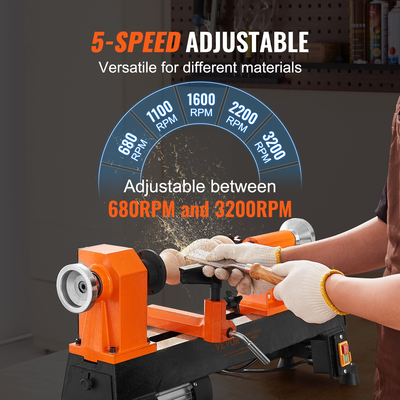 VEVOR Πάγκος Ξύλο Τόρνος, 10 in x 18 in, 0,5 HP 370W Power Wood Turning Machine, 5 Variable Speeds 680/1100/1600/2200/3200 RPM with Rod Injection Wrenches Faceplate Foot Pads, για ξυλουργικές εργασίες