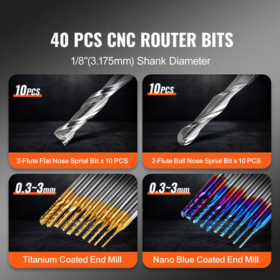 VEVOR 40 τμχ End Mills CNC Router Bits, 1/8&quot; Στέλεχος, CNC Cutter CNC Carving Bit Carving Set, Συμπεριλαμβανομένου μύλου με επίπεδη μύτη και μύτης με μπίλια 2 φλάουτου, μύτες CNC μπλε παλτών Nano και παλτών τιτανίου, για φρέζα