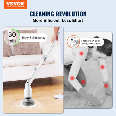 VEVOR Electric Spin Scrubber, ασύρματη βούρτσα καθαρισμού με 2 ρυθμιζόμενες ταχύτητες και επεκτεινόμενη μακριά λαβή, 1,5H Runtime Power Shower Scrubber με 4 αντικαταστάσιμες κεφαλές βούρτσας για μπάνιο, μπανιέρα, πλακάκι