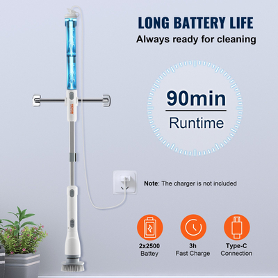 VEVOR Electric Spin Scrubber, ασύρματη βούρτσα καθαρισμού με 2 ρυθμιζόμενες ταχύτητες και επεκτεινόμενη μακριά λαβή, 1,5H Runtime Power Shower Scrubber με 4 αντικαταστάσιμες κεφαλές βούρτσας για μπάνιο, μπανιέρα, πλακάκι