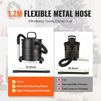 Ηλεκτρική σκούπα VEVOR Ash, 20 L με ισχυρή αναρρόφηση 1200 W, Συλλέκτης Ash Vac με εύκαμπτο σωλήνα &amp; ρόδες 1,2 M, για τζάκια, σόμπες pellet, ξυλόσομπα, καυστήρα κορμού, ψησταριές, φούρνους πίτσας, λάκκους