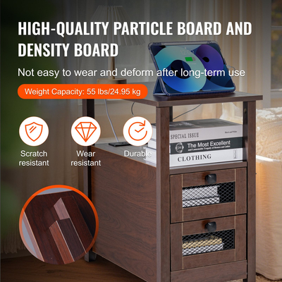 VEVOR Farmhouse End Table Night Stand με θύρες USB και πρίζες καφέ