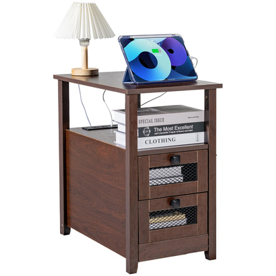 VEVOR Farmhouse End Table Night Stand με θύρες USB και πρίζες καφέ