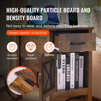 VEVOR Farmhouse End Table Night Stand με θύρες USB και πρίζες αποθήκευσης 3 επιπέδων