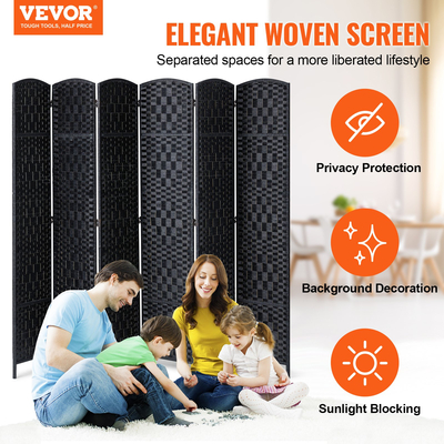 VEVOR 6 Panel Room Divider Χειροποίητη υφασμένη πτυσσόμενη οθόνη προστασίας προσωπικών δεδομένων με μαύρους μεντεσέδες