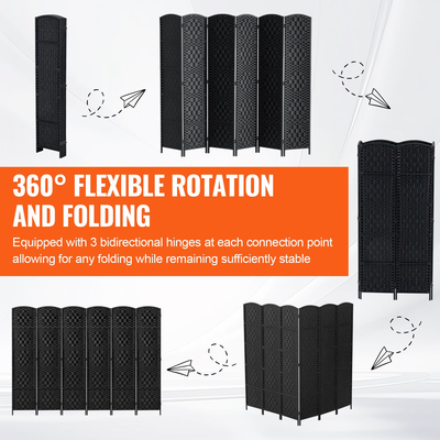 VEVOR 6 Panel Room Divider Χειροποίητη υφασμένη πτυσσόμενη οθόνη προστασίας προσωπικών δεδομένων με μαύρους μεντεσέδες