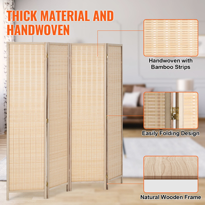 VEVOR 4 Panel Room Divider Bamboo Hand-woven Πτυσσόμενες Οθόνες Privacy Natural