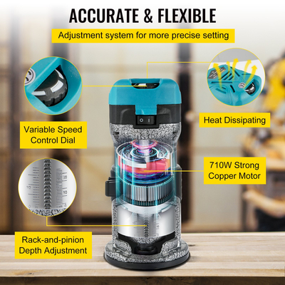 Εργαλείο δρομολογητή VEVOR, δρομολογητής ξύλου 710W, δρομολογητής για ξυλουργική με τρεις κολέτες δρομολογητή, εργαλείο δρομολογητή ξύλου με σταθερή και βυθισμένη βάση, δρομολογητής ξυλουργικής με κέλυφος αλουμινίου και ταχύτητα περιστροφής 13000-33000 r/min