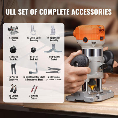VEVOR Φρέζας ξύλου 1,25HP 800W Συμπαγής φρεζάρισμα ξύλου Συνδυαστικό εργαλείο με βυθιζόμενη και σταθερή βάση 30000RPM 6 μεταβλητές ταχύτητε