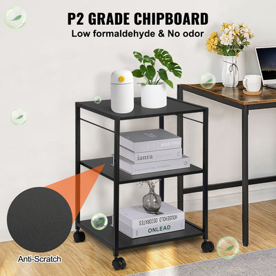 Βάση εκτυπωτή VEVOR, Βάση εκτυπωτή 3 επιπέδων ρυθμιζόμενη σε ύψος, καλάθι εκτυπωτή με ράφια αποθήκευσης και άγκιστρα για εκτυπωτή, σαρωτή, φαξ, χρήση στο οικιακό γραφείο, πιστοποίηση EPA, μαύρο