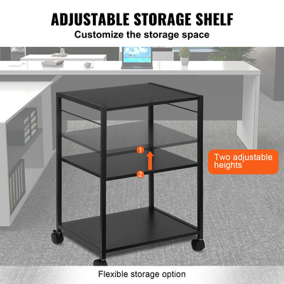 Βάση εκτυπωτή VEVOR, Βάση εκτυπωτή 3 επιπέδων ρυθμιζόμενη σε ύψος, καλάθι εκτυπωτή με ράφια αποθήκευσης και άγκιστρα για εκτυπωτή, σαρωτή, φαξ, χρήση στο οικιακό γραφείο, πιστοποίηση EPA, μαύρο