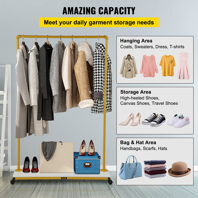 Σχάρα ενδυμάτων VEVOR, 100 x 36 x 150 cm, ράφι ρούχων βαρέως τύπου με ράφι κάτω, 4 περιστρεφόμενοι τροχίσκοι, στιβαρός ατσάλινος σκελετός, οργάνωση ρολού ρούχων για μπουτίκ καταστήματος λιανικής στο δωμάτιο πλυντηρίων, χρυσό