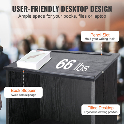 Βάση εξέδρας VEVOR, 47 σε Hostess Stand με 4 τροχούς, Ξύλινο βάθρο με ράφια αποθήκευσης, και επικλινή επιφάνεια εργασίας, αναλόγια και βάθρα για εκκλησία, γραφείο, σχολείο, σπίτι, μαύρο