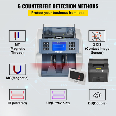 VEVOR Money Machine, Μετρητής Χρημάτων Μικτών Ονομασιών, Μετρητής λογαριασμών 5 ανιχνεύσεων πλαστών, Μηχάνημα μετρητών 8 τρόπων λειτουργίας, 800/1000/1200/1500 τμχ/λεπτό Μηχάνημα μέτρησης σημειώσεων με εκτυπωτή για τράπεζα