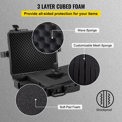 Αδιάβροχη σκληρή θήκη VEVOR, 20 x 16 x 5 ίντσες, με προσαρμόσιμο αφρό, φορητή προστατευτική θήκη κάμερας, αντικραδασμική για φορητό υπολογιστή, πιστόλι, κάμερα και άλλα, μαύρη