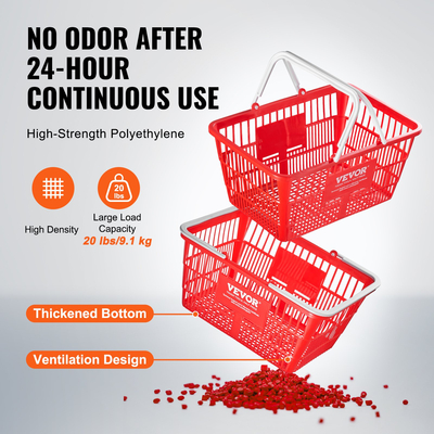 Καλάθι αγορών VEVOR Φορητό καλάθι παντοπωλείου 20 ΤΕΜ 21L με λαβή &amp; βάση κόκκινο