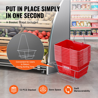 Καλάθι αγορών VEVOR Καλάθι παντοπωλείου 12 ΤΕΜ 21L με σιδερένια λαβή &amp; βάση κόκκινο