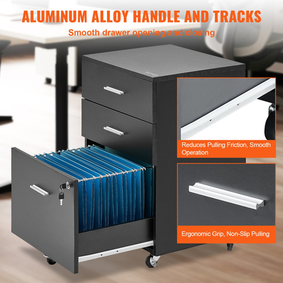 Ντουλάπι αρχείων VEVOR, Ξύλινη ντουλάπα 3 συρταριών, ντουλάπι γραφείου κλειδώματος για μέγεθος Letter/A4, ντουλάπι αρχείων με 5 ρόδες για γραφείο στο σπίτι, Μαύρο