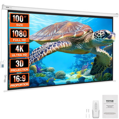 VEVOR Μηχανοκίνητη Οθόνη Προβολέα 100 ιντσών 16:9 4K 1080 HD Οθόνη Ηλεκτρικού Προβολέα, Οθόνη αυτόματης προβολής με τηλεχειριστήριο, Οθόνη ταινίας επιτοίχιας βάσης για Οικογενειακό Οικιακό Θέατρο