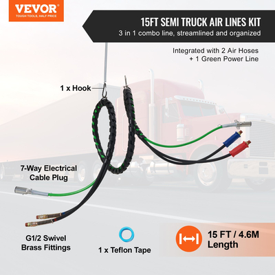 VEVOR 15FT Semi Truck Air Lines Kit 3-σε-1 Εύκαμπτοι σωλήνες αέρα &amp; 7-Way Plug ABS Power Line