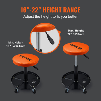 VEVOR Mechanic Stool, 250 LBS Rolling Pneumatic Creeper Garage/Κάθισμα καταστήματος, Ρυθμιζόμενο ύψος 22 σε-28 σε Επενδυμένο σκαμπό εργαστηρίου Rolling με δίσκο εργαλείων, για γκαράζ, κατάστημα, επισκευή αυτοκινήτων, μαύρο+πορτοκαλί