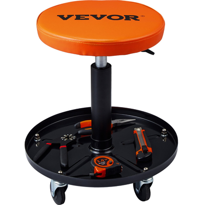 VEVOR Mechanic Stool, 250 LBS Rolling Pneumatic Creeper Garage/Κάθισμα καταστήματος, Ρυθμιζόμενο ύψος 22 σε-28 σε Επενδυμένο σκαμπό εργαστηρίου Rolling με δίσκο εργαλείων, για γκαράζ, κατάστημα, επισκευή αυτοκινήτων, μαύρο+πορτοκαλί
