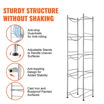 Βάση για κανάτα νερού VEVOR 5 επιπέδων μονής σειράς Ράφι για 5 μπουκάλια Ασημί